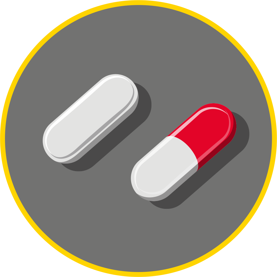 Two capsules, one white and the other is white and red